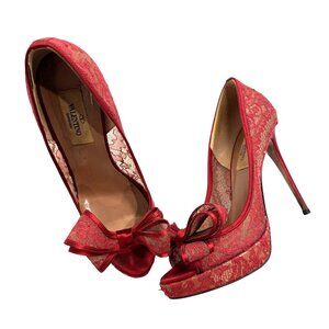Valentino Bow TIe Pumps in Red Lace